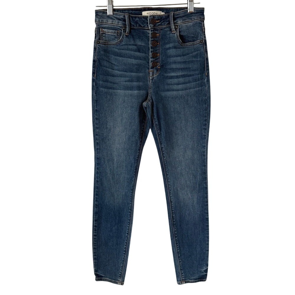 Hidden High Rise Button Fly Skinny Jeans Stretch Dark Blue Whiskered Denim 26‎